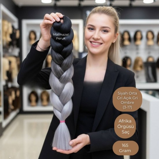 Ankara Afrika Örgüsü Saç Siyah Orta Gri Açık Gri Ombre 165 Gram