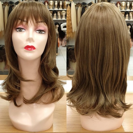 Katlı Kesim Orta Boy Fiber Sentetik Peruk Kumral Arası Küllü Sarı