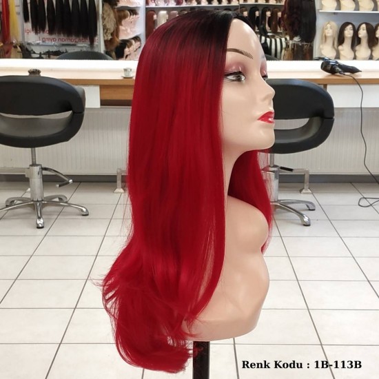 Ankara Renkli Fiber Sentetik Peruk Siyah Kırmızı Ombre