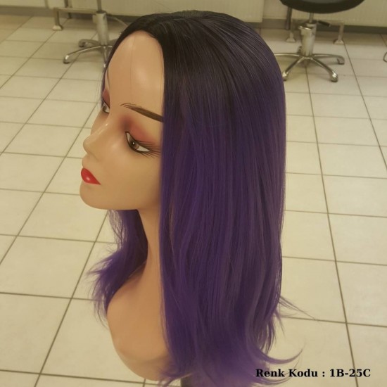 Ankara Renkli Fiber Sentetik Peruk Siyah Lila Ombre