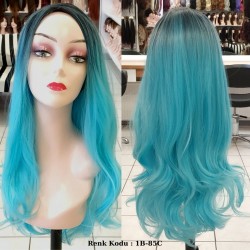 Ankara Renkli Fiber Sentetik Peruk Siyah Açık Mavi Ombre