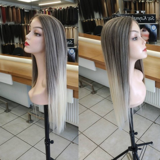 Tül Peruk Fiber Sentetik Açık Küllü Kumral Platin Ombre Renk Ankara Peruk Mağazası